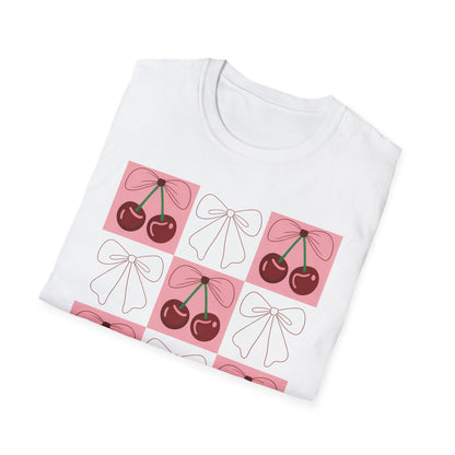 Charming Coquette Cherry Bow T-Shirt | Sweet Pink Aesthetic & Trendy Fruit Pattern Tee for Women