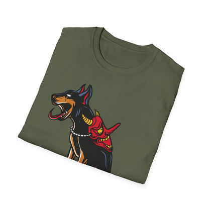 Fierce Doberman Hannya Mask T-Shirt: Epic Japanese Demon Dog Design. Bold Statement Tee for Edgy Dog Lovers & Culture Fans.