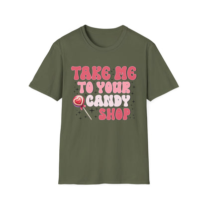 Sweet Retro Candy Shop T-Shirt | Groovy 'Take Me To Your Candy Shop' Tee with Heart Lollipop | Fun & Flirty Pop Culture Vibe