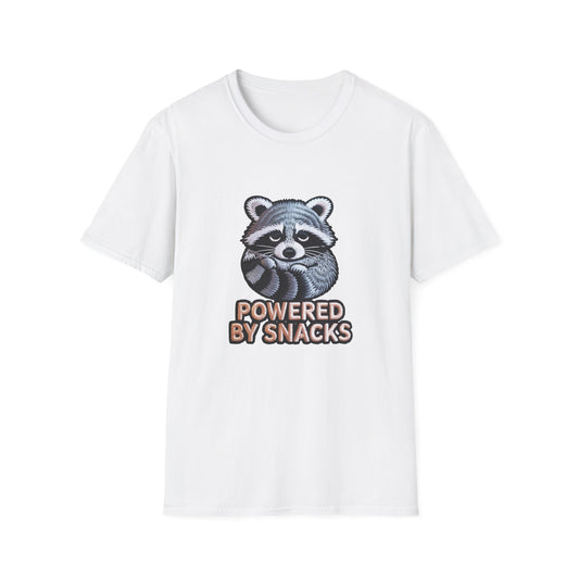 Adorable Raccoon "Powered by Snacks" T-Shirt | Ultimate Cozy Snack Lover Tee | Hilarious Animal Foodie Gift Top