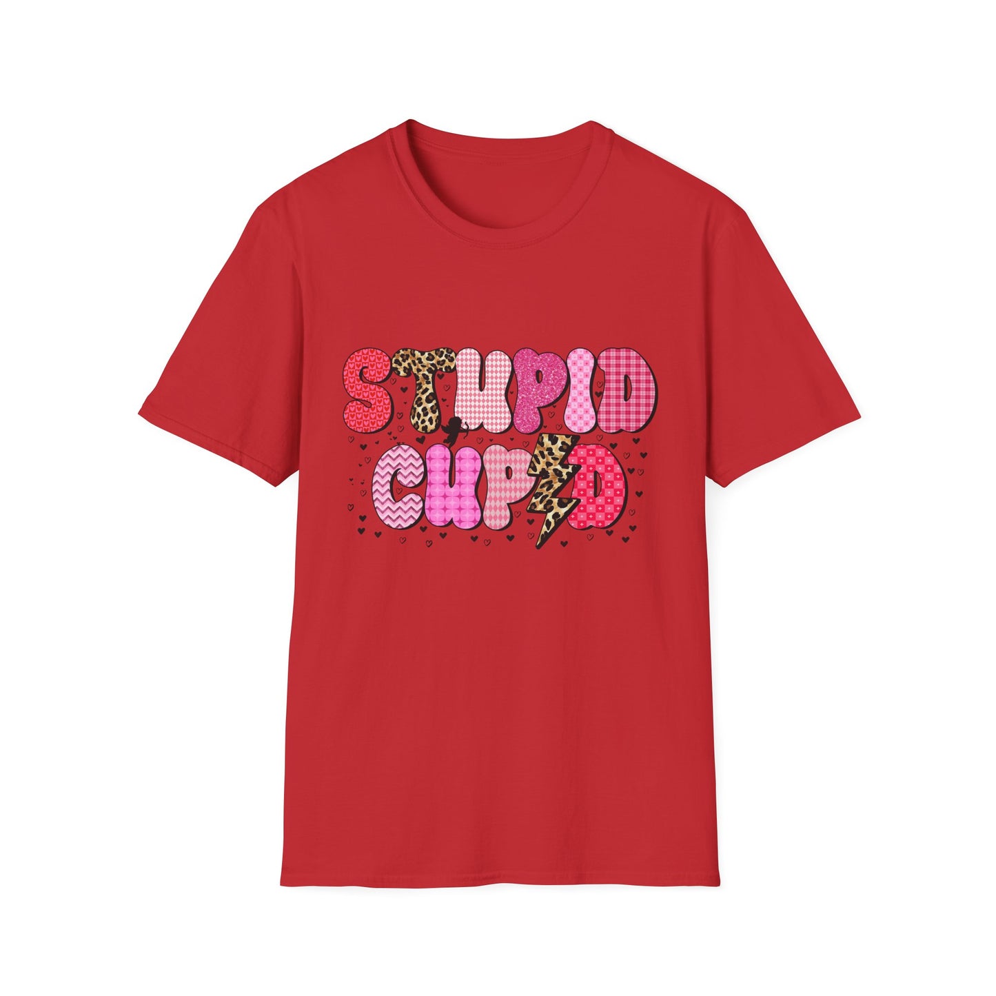 Edgy "Stupid Cupid" T-Shirt - Sarcastic Anti-Valentine's Day Tee with Retro Leopard & Glitter Patterns