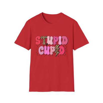 Edgy "Stupid Cupid" T-Shirt - Sarcastic Anti-Valentine's Day Tee with Retro Leopard & Glitter Patterns