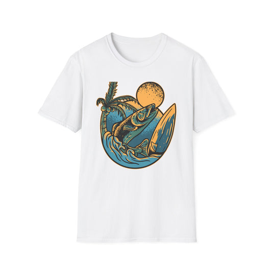 Epic Fish Jump Surf & Palm Tree T-Shirt | Vintage Ocean Lover Angler Tee | Coastal Adventure Apparel Gift