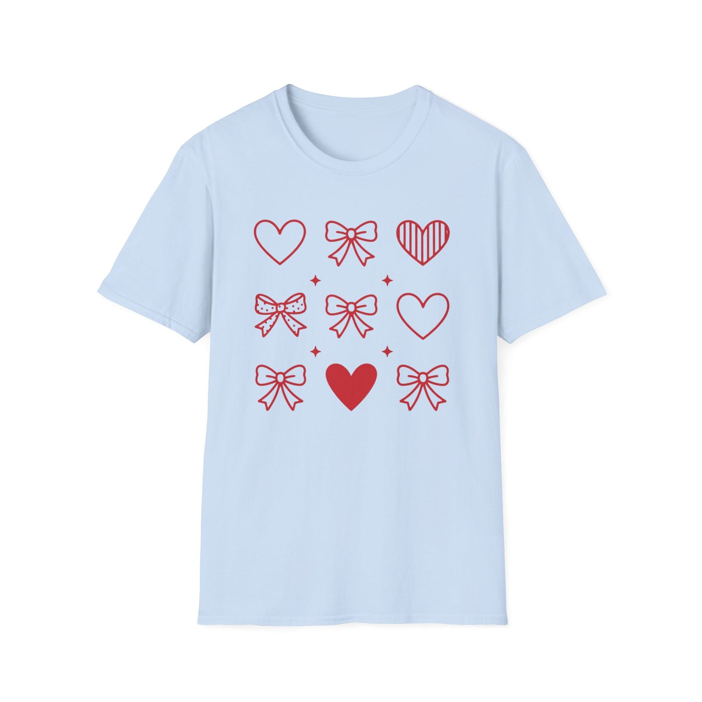 Charming Red Hearts & Bows Pattern T-Shirt | Adorable Love Core Graphic Tee for Women & Teens | Sweet Valentine's Day Gift Idea