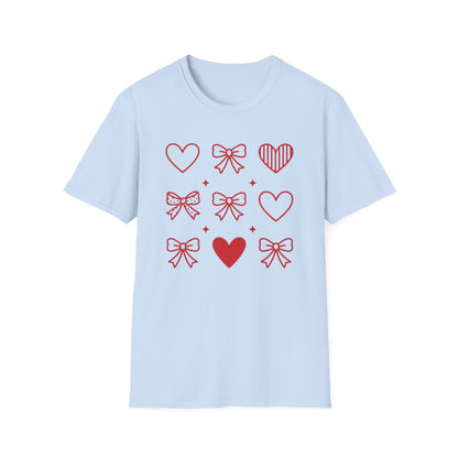 Charming Red Hearts & Bows Pattern T-Shirt | Adorable Love Core Graphic Tee for Women & Teens | Sweet Valentine's Day Gift Idea