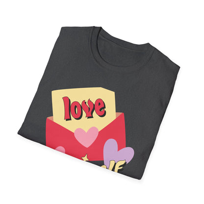 Empowering "Love Yourself" Retro T-Shirt | Chic Self-Care Message Tee | Adorable Hearts & Love Letter Design for Women