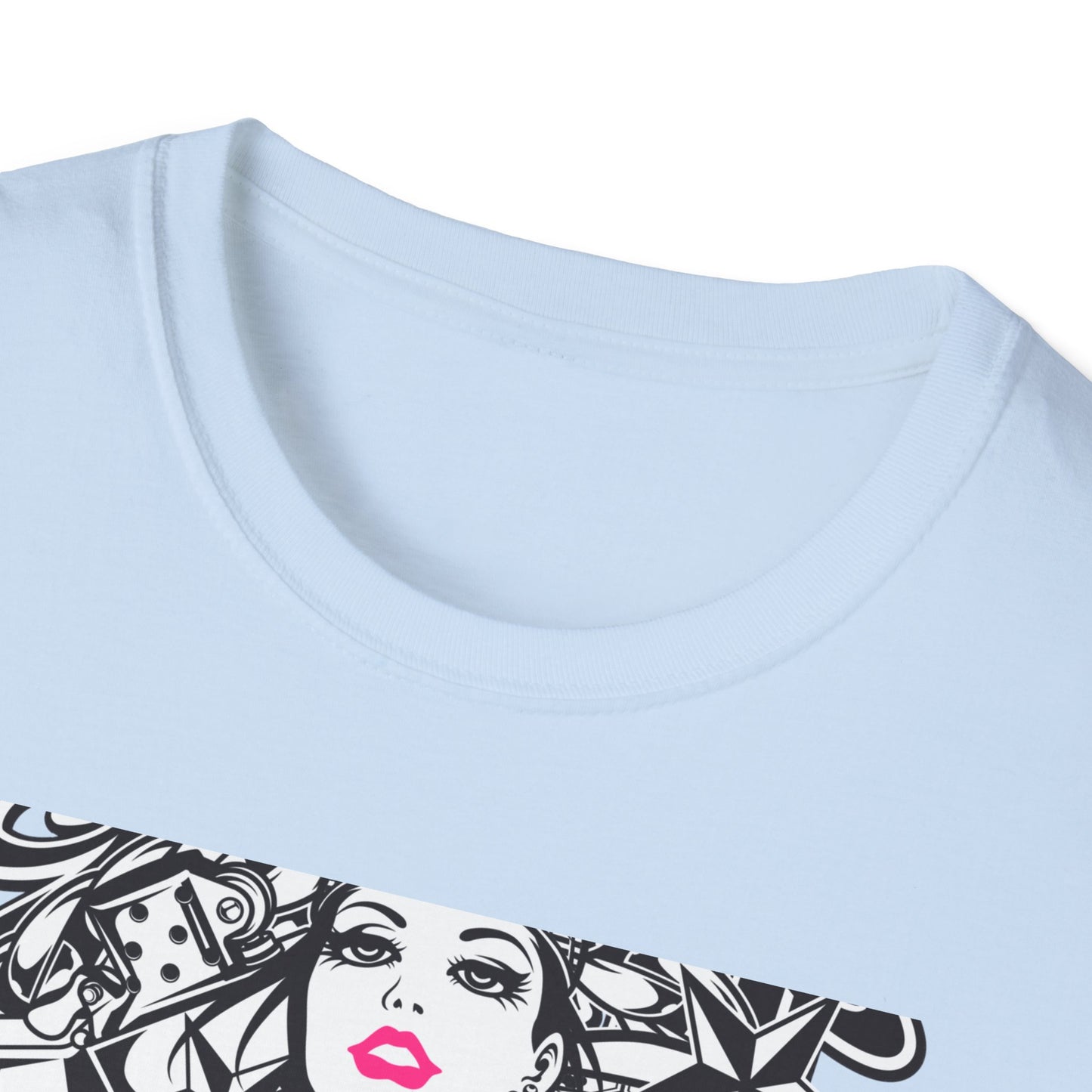 Bold Tattoo Girl & Skull Graphic T-Shirt | Edgy Urban Streetwear | Dice & Star Statement Tee - Unleash Your Rebel Style!
