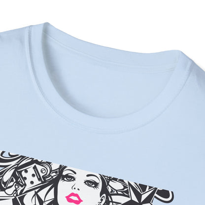 Bold Tattoo Girl & Skull Graphic T-Shirt | Edgy Urban Streetwear | Dice & Star Statement Tee - Unleash Your Rebel Style!