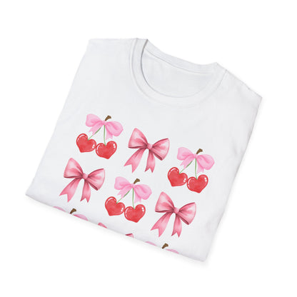 Delightful Pink Bow & Heart Cherry T-Shirt - Adorable Lovecore Aesthetic Tee for Her | Sweet Valentine's Gift