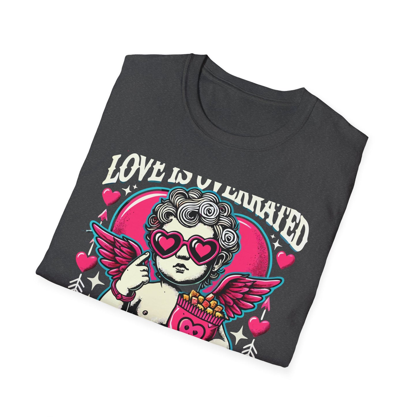 Hilarious 'Love Is Overrated Pass The Snacks' T-Shirt - Anti-Valentine's Day Cupid & Fries Tee. Perfect for Singles & Snack Lovers!
