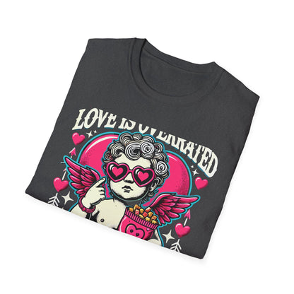 Hilarious 'Love Is Overrated Pass The Snacks' T-Shirt - Anti-Valentine's Day Cupid & Fries Tee. Perfect for Singles & Snack Lovers!