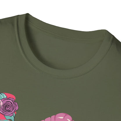 Edgy Pink Grunge T-Shirt: Skull Kiss, Peace Skeleton Hand, Roses & Heart Initial 'E' Design. Trendy Alt Fashion Tee.