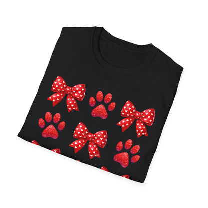 Charming Pet Love T-Shirt: Red Heart Bows & Glitter Paw Prints | Valentine's Day Animal Lover Tee