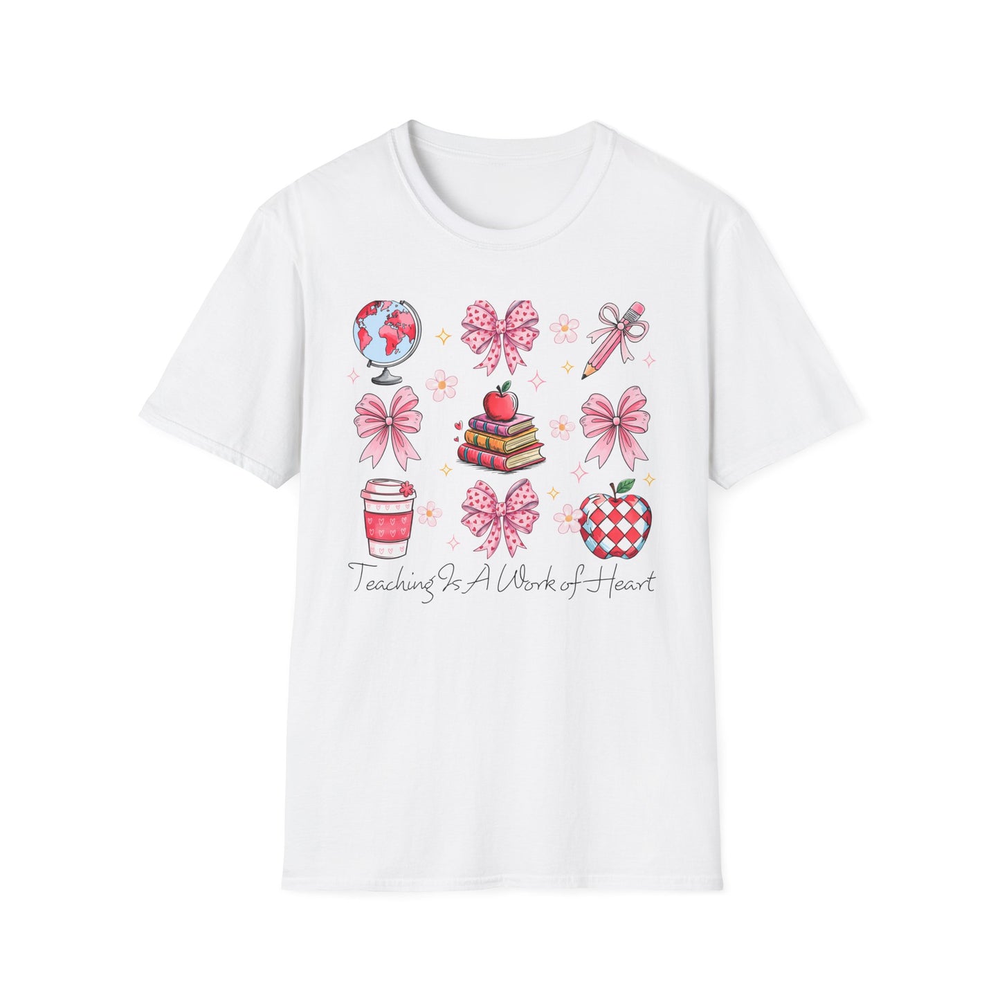 Awesome Teacher Appreciation T-Shirt | 'Teaching Is A Work of Heart' Tee | Cute School Supplies & Pink Bows Gift