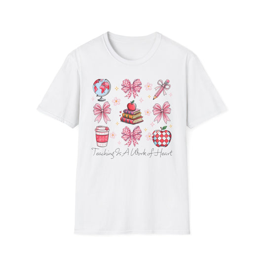 Awesome Teacher Appreciation T-Shirt | 'Teaching Is A Work of Heart' Tee | Cute School Supplies & Pink Bows Gift