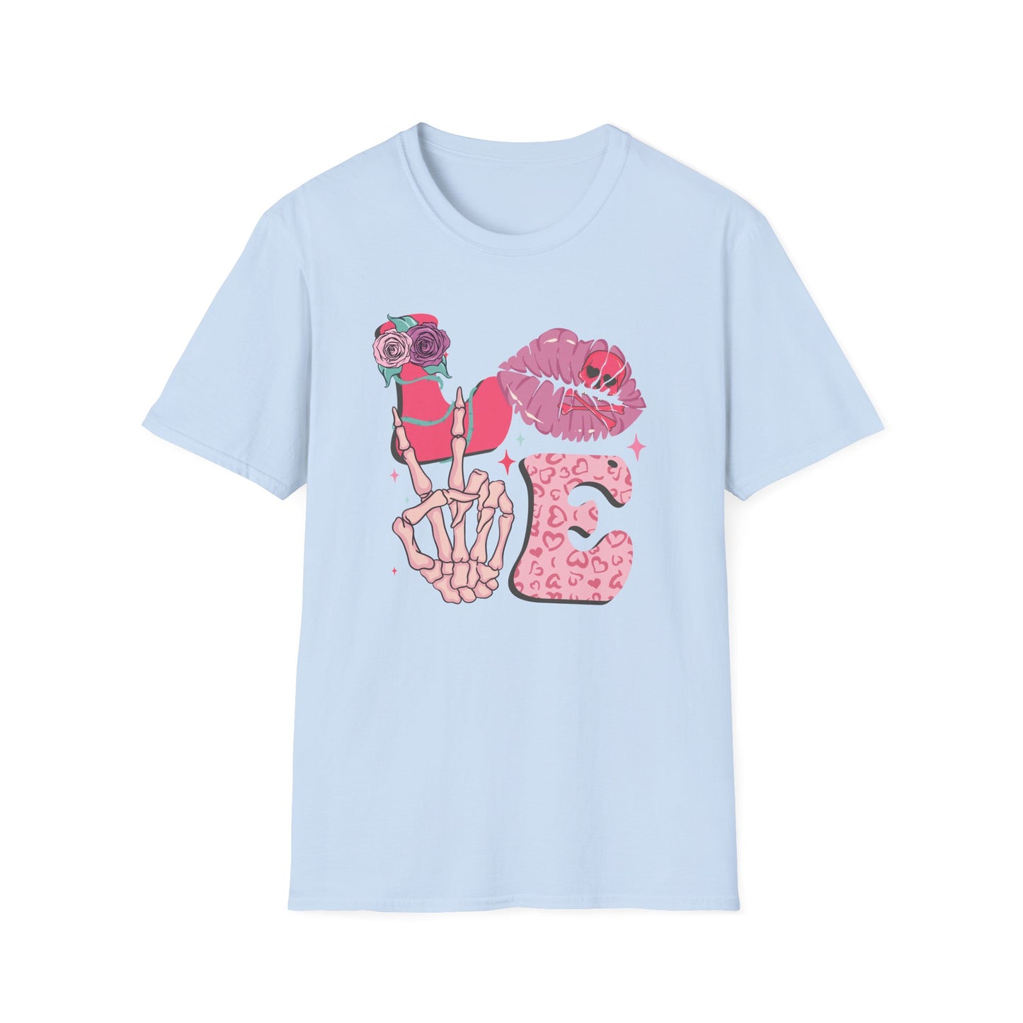 Edgy Pink Grunge T-Shirt: Skull Kiss, Peace Skeleton Hand, Roses & Heart Initial 'E' Design. Trendy Alt Fashion Tee.