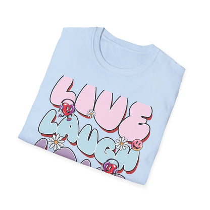Vibrant Retro Live Laugh Love T-Shirt | Groovy Hearts & Smiley Faces Tee for Positive Vibes