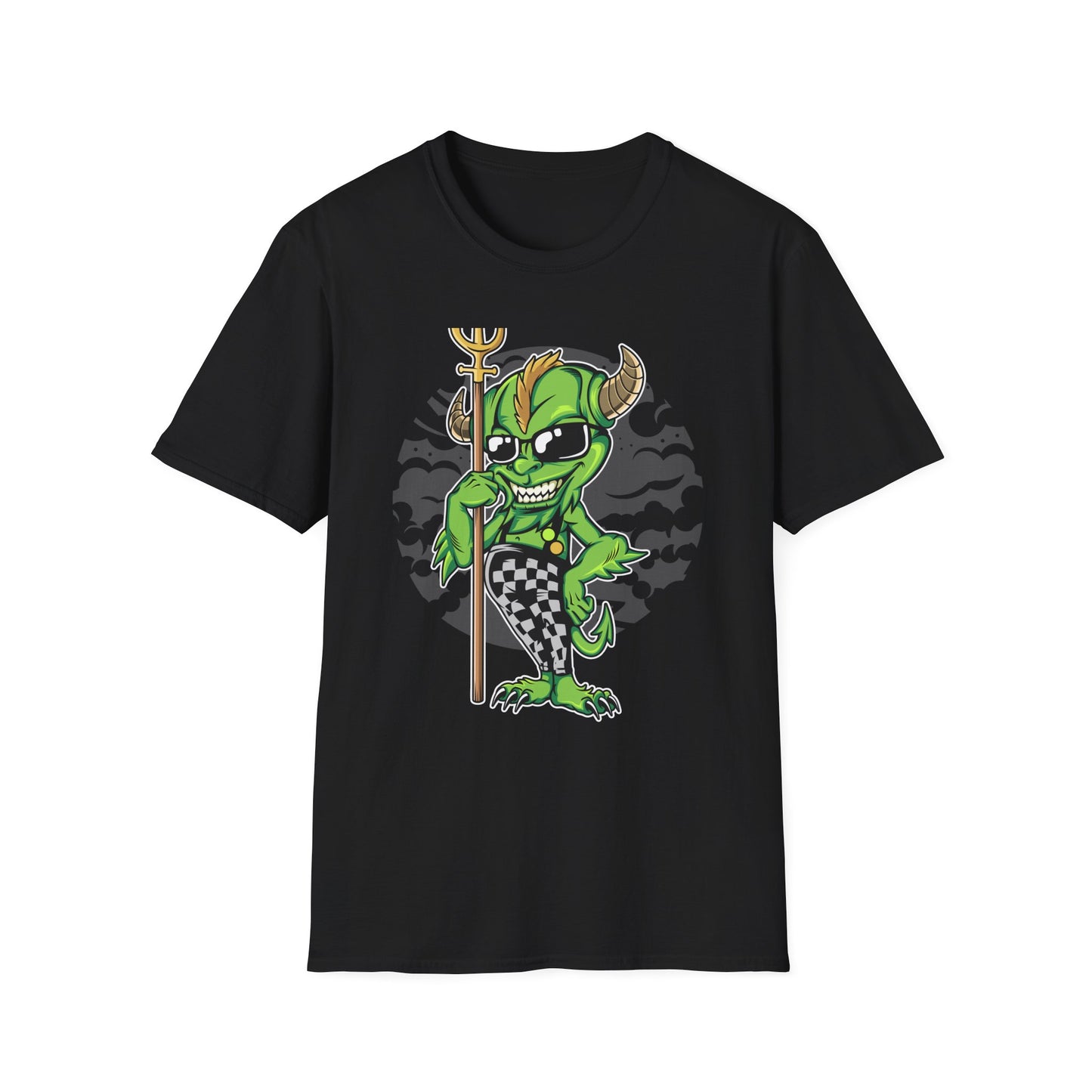 Wicked Mischievous Green Imp T-Shirt | Cool Cartoon Devil with Trident & Checkered Pants | Edgy Graphic Tee
