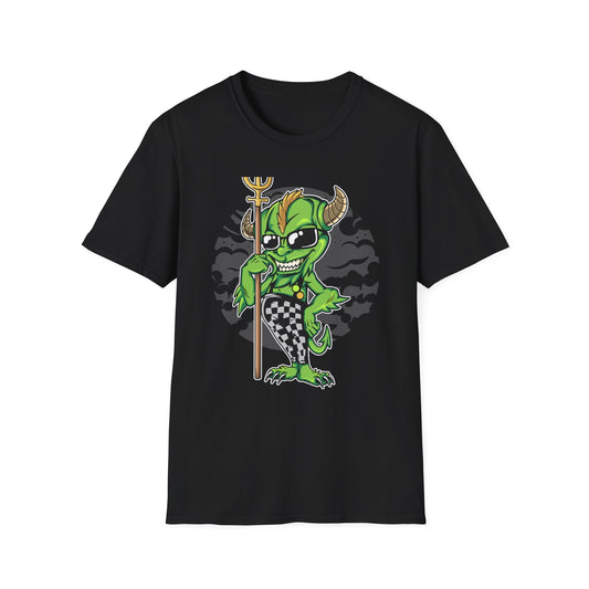 Wicked Mischievous Green Imp T-Shirt | Cool Cartoon Devil with Trident & Checkered Pants | Edgy Graphic Tee