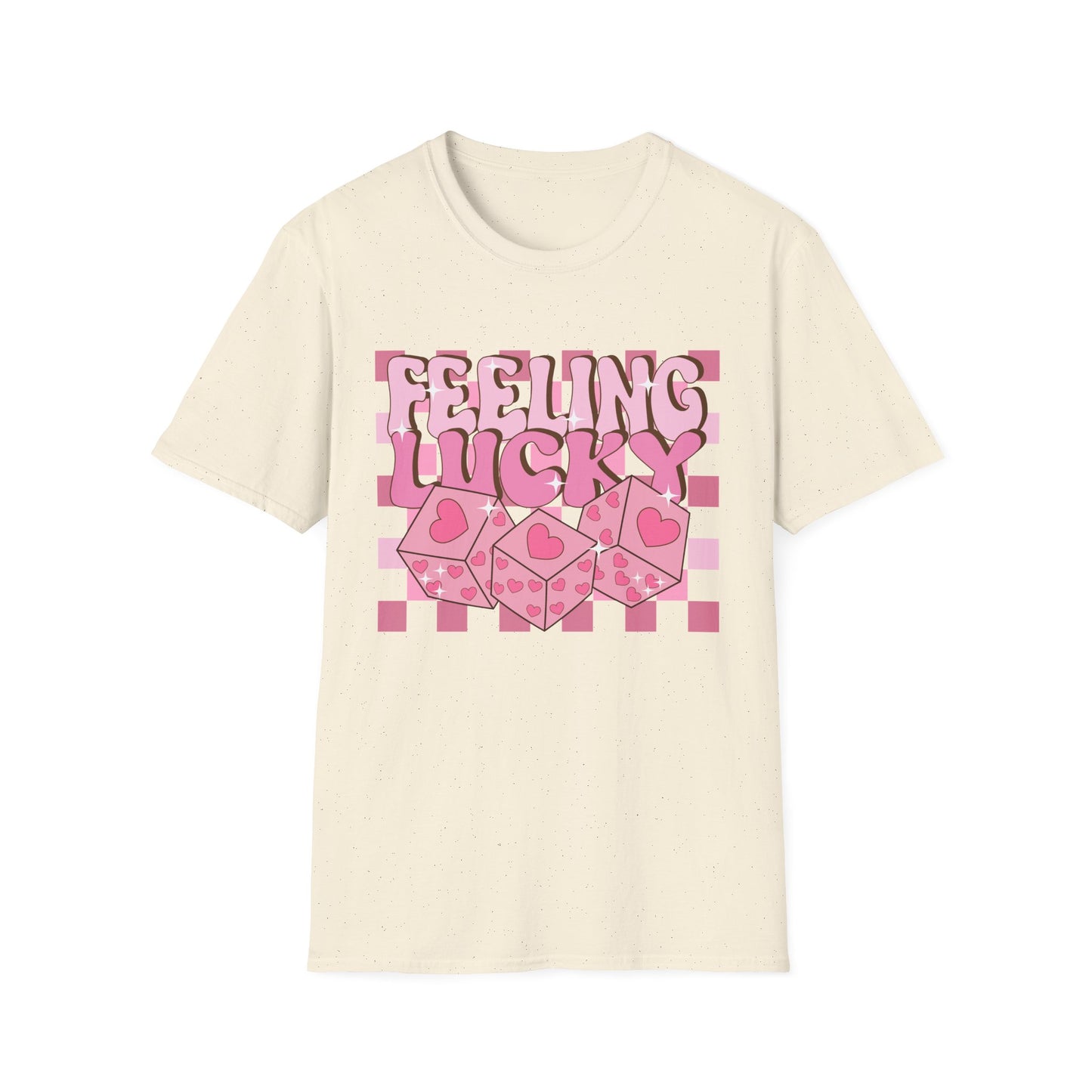 Feeling Lucky Groovy T-Shirt | Pink Heart Dice Retro Aesthetic Tee | Trendy Y2K Cute Sparkling Top for Women & Teens