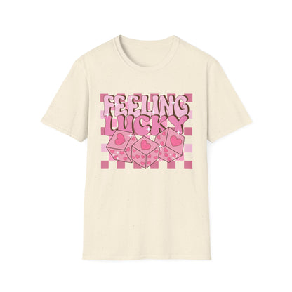 Feeling Lucky Groovy T-Shirt | Pink Heart Dice Retro Aesthetic Tee | Trendy Y2K Cute Sparkling Top for Women & Teens