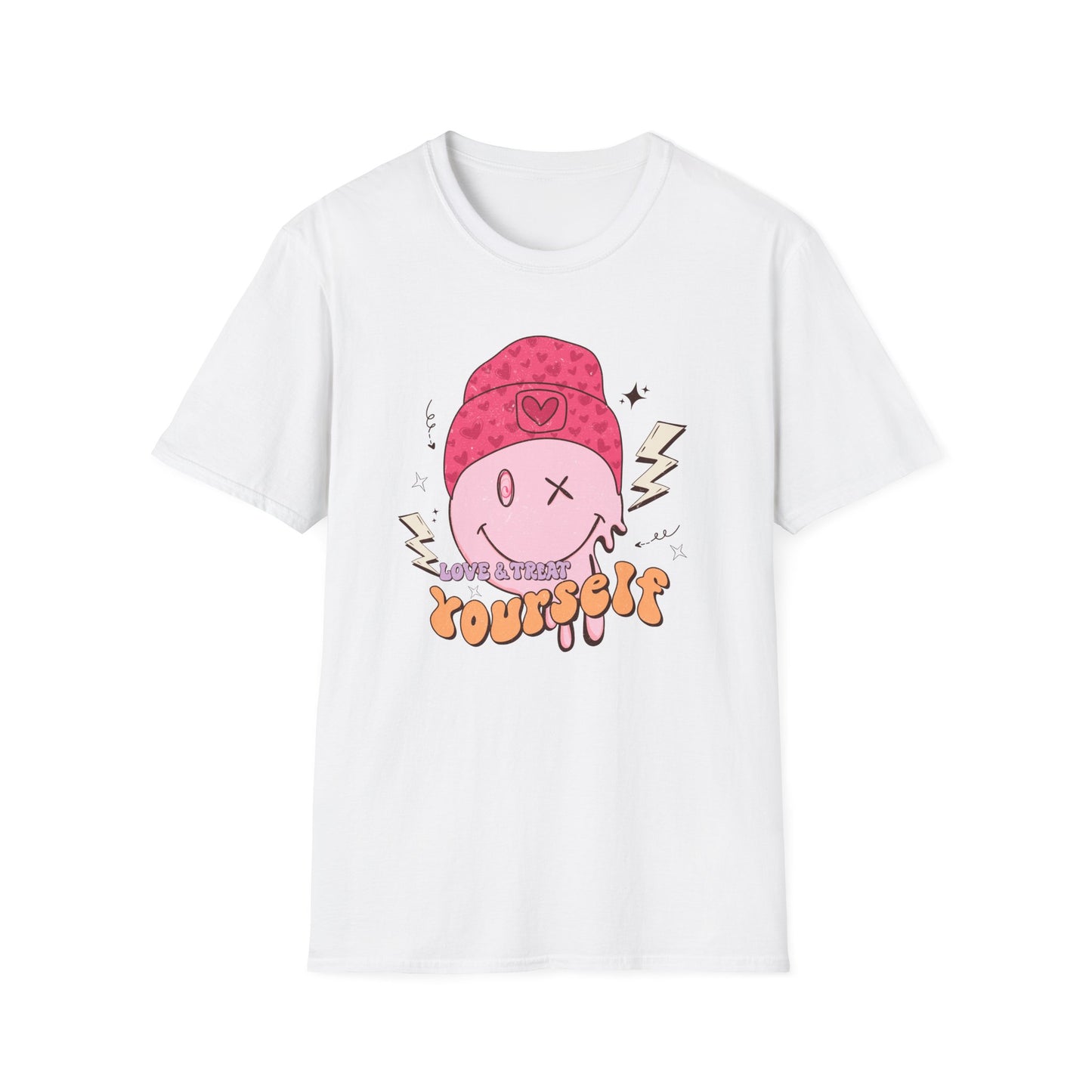 Trendy Groovy Melting Smiley T-Shirt - Empowering 'Love & Treat Yourself' Retro Self-Care Tee for Women