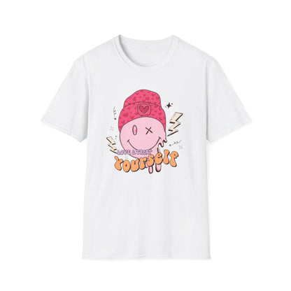Trendy Groovy Melting Smiley T-Shirt - Empowering 'Love & Treat Yourself' Retro Self-Care Tee for Women