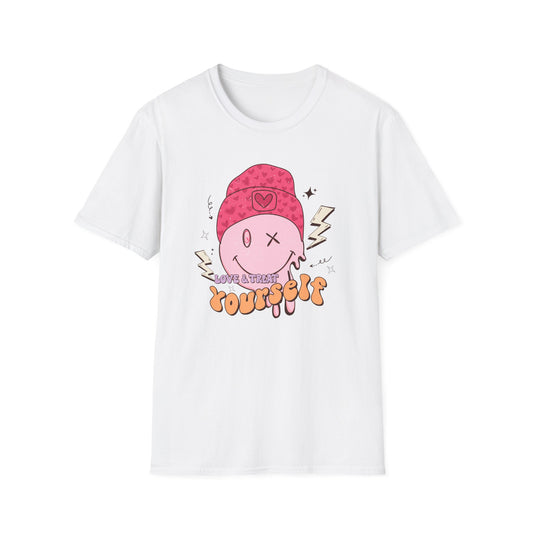 Trendy Groovy Melting Smiley T-Shirt - Empowering 'Love & Treat Yourself' Retro Self-Care Tee for Women