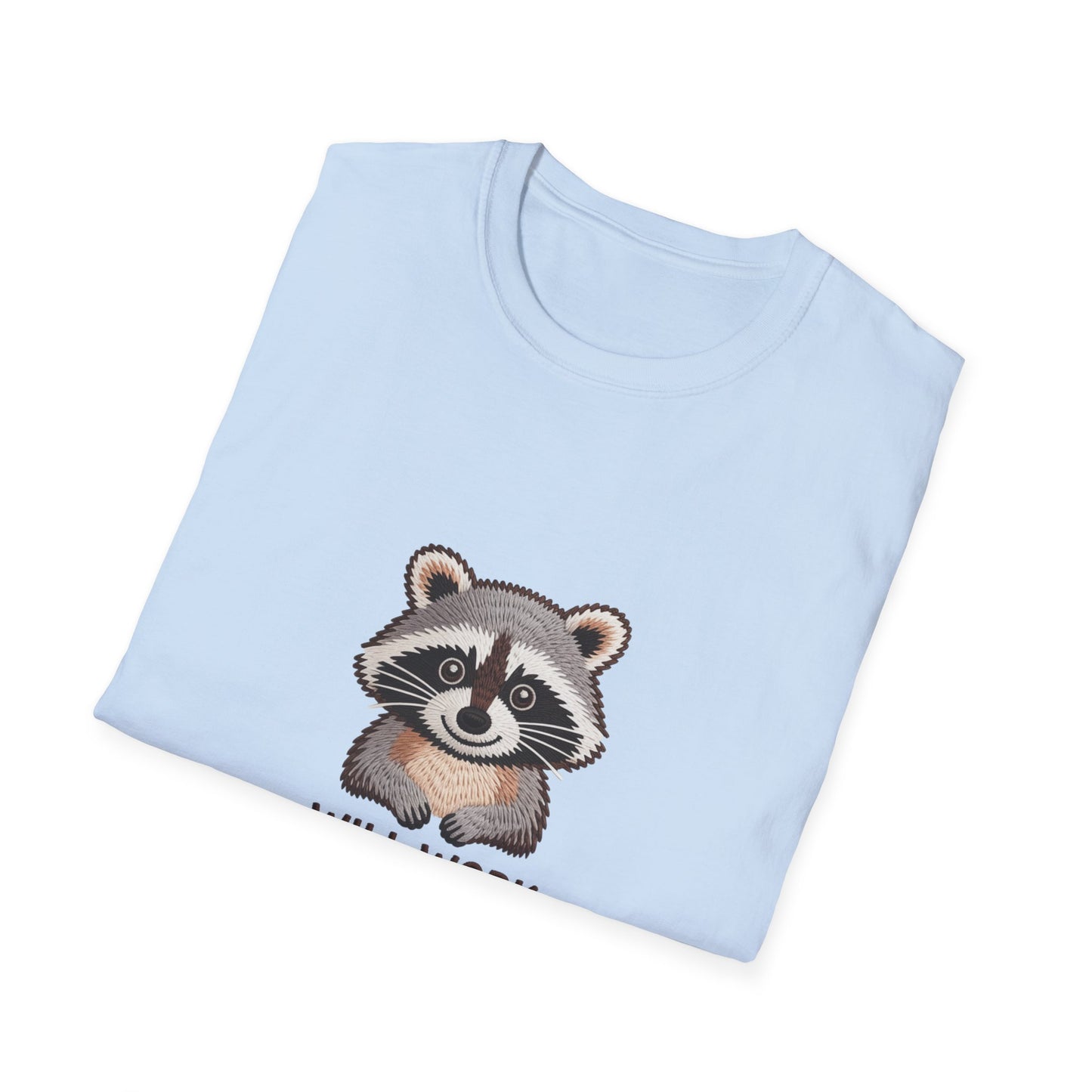 Hilarious Raccoon 'Will Work For Snacks' T-Shirt | Adorable Embroidered-Style Animal Lover Tee Gift