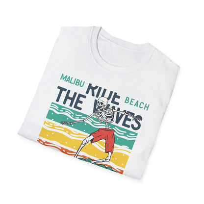 Epic Malibu Skeleton Surfer T-Shirt - Ride The Waves California Beach Retro Tee | Unique Vintage Style Surf Graphic