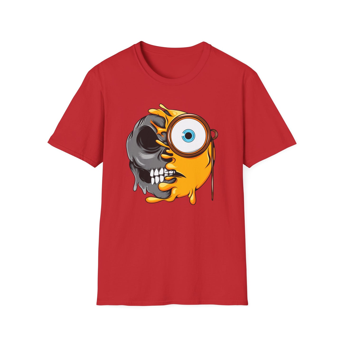 Edgy Half Skull Half Emoji T-Shirt | Unique Melting Monocle Face Tee | Awesome Duality Art for Bold Style