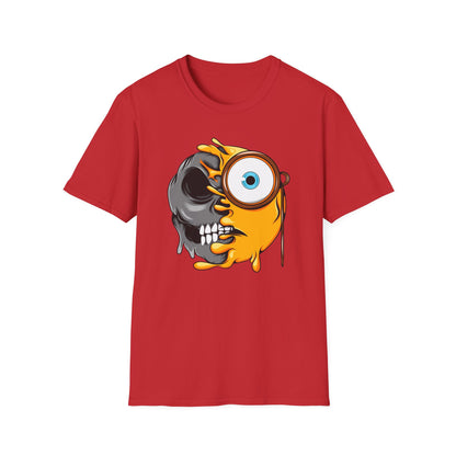 Edgy Half Skull Half Emoji T-Shirt | Unique Melting Monocle Face Tee | Awesome Duality Art for Bold Style