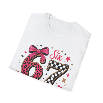 Glam Six & Seven Birthday T-Shirt for Girls | Trendy Pink Leopard Print 6 & 7 Kids Party Tee with Checkerboard & Sparkly Bow