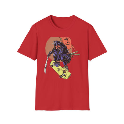 Bold Samurai Skater T-Shirt | Epic Japanese Warrior on Skateboard with Peace Sign Graphic Tee