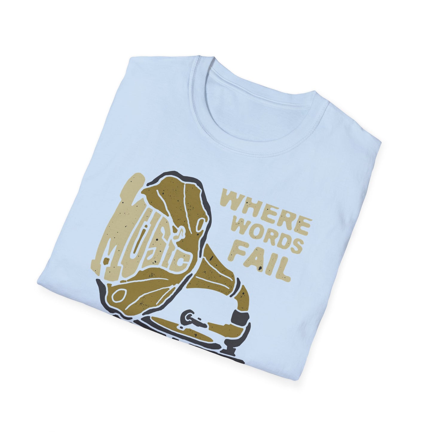 Expressive 'Where Words Fail Music Speaks' T-Shirt - Vintage Gramophone Design for Soulful Music Lovers