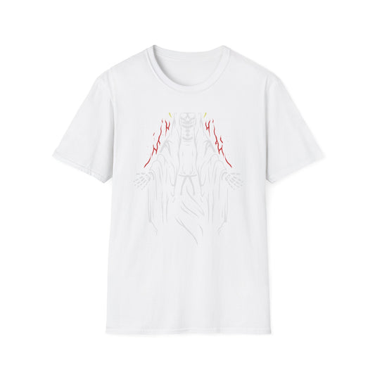 Mystic Skeleton Saint T-Shirt | Haunting Grim Reaper with Halo & Red Accents | Gothic & Alternative Apparel