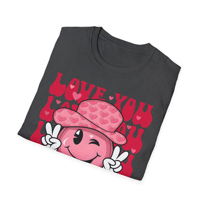 Super Cute Groovy Smiley Face T-Shirt - Pink Hearts Cowboy Hat & Peace Sign - Awesome 'Love You' Tee for Valentine's Day