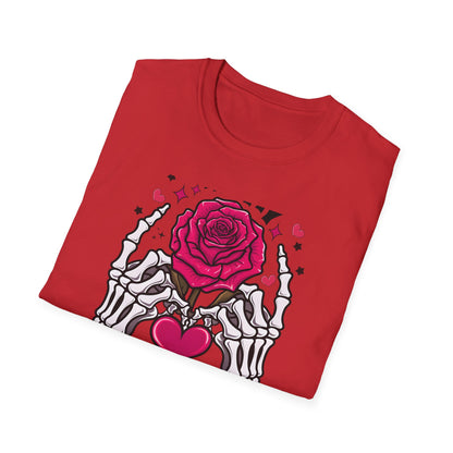 Spooky Sweet Skeleton Hands Rose Valentine T-Shirt | Unique Gothic Romantic Love Tee Gift for Him Her | Trendy Heart Apparel