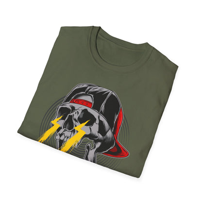 Electrifying Skull Baseball Cap T-Shirt | Edgy Urban Streetwear Tee for Rebels | Bold Graphic Design