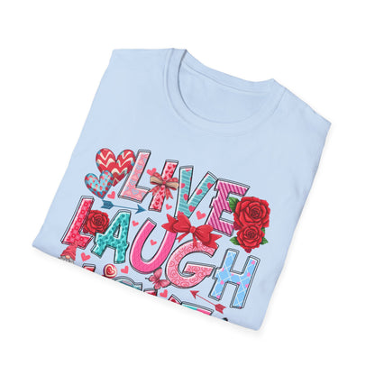 Charming Live Laugh Love T-Shirt for Women | Adorable Valentine's Day Hearts & Gnome Graphic Tee | Positive Message Gift