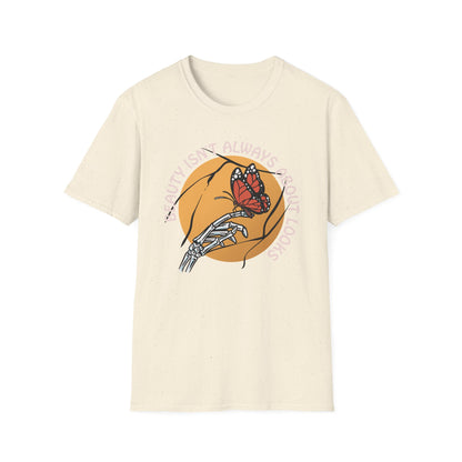 Expressive Skeleton Hand & Monarch Butterfly T-Shirt | 'Beauty Isn't About Looks' Deep Meaning Art Tee