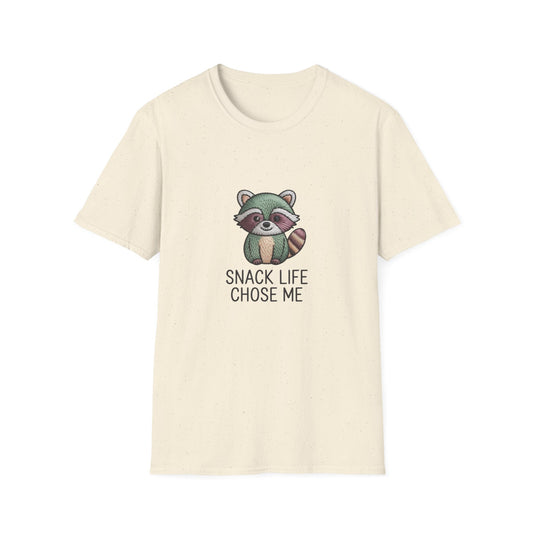 Adorable Raccoon "Snack Life Chose Me" T-Shirt | Hilarious Foodie Tee Gift | Unique Embroidered-Style Design