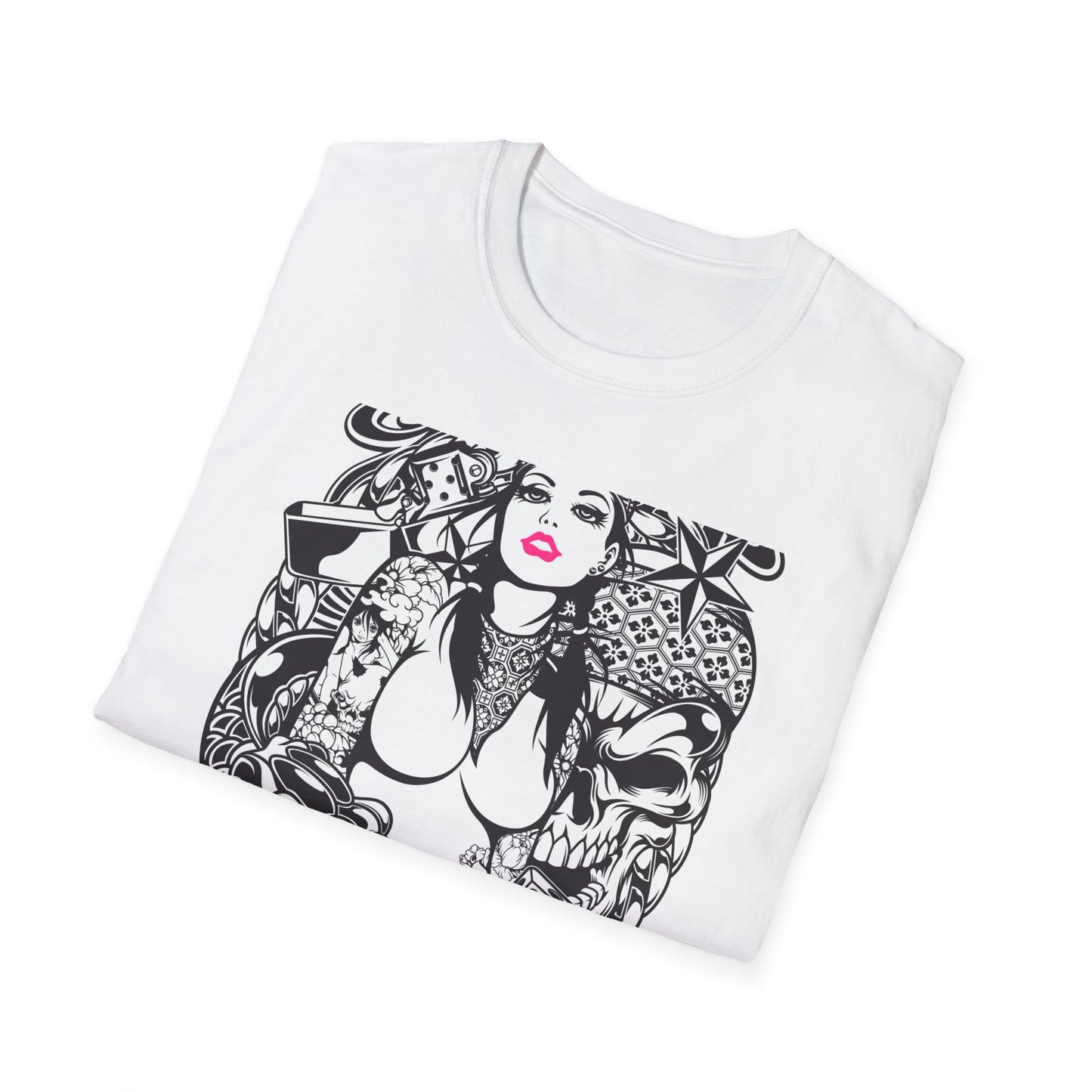 Bold Tattoo Girl & Skull Graphic T-Shirt | Edgy Urban Streetwear | Dice & Star Statement Tee - Unleash Your Rebel Style!