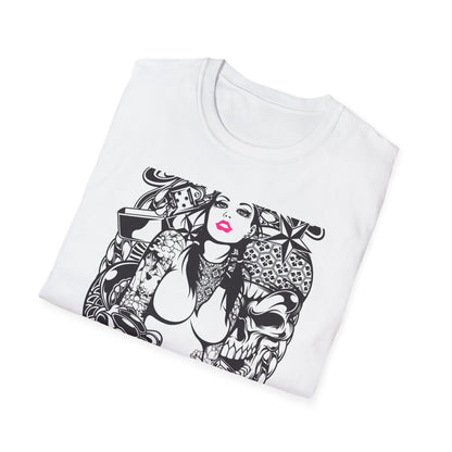 Bold Tattoo Girl & Skull Graphic T-Shirt | Edgy Urban Streetwear | Dice & Star Statement Tee - Unleash Your Rebel Style!