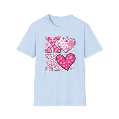 Sparkling XOXO Love Hearts T-Shirt | Chic Pink Polka Dot & Brushstroke Tee | Perfect Valentine's Day & Everyday Wear