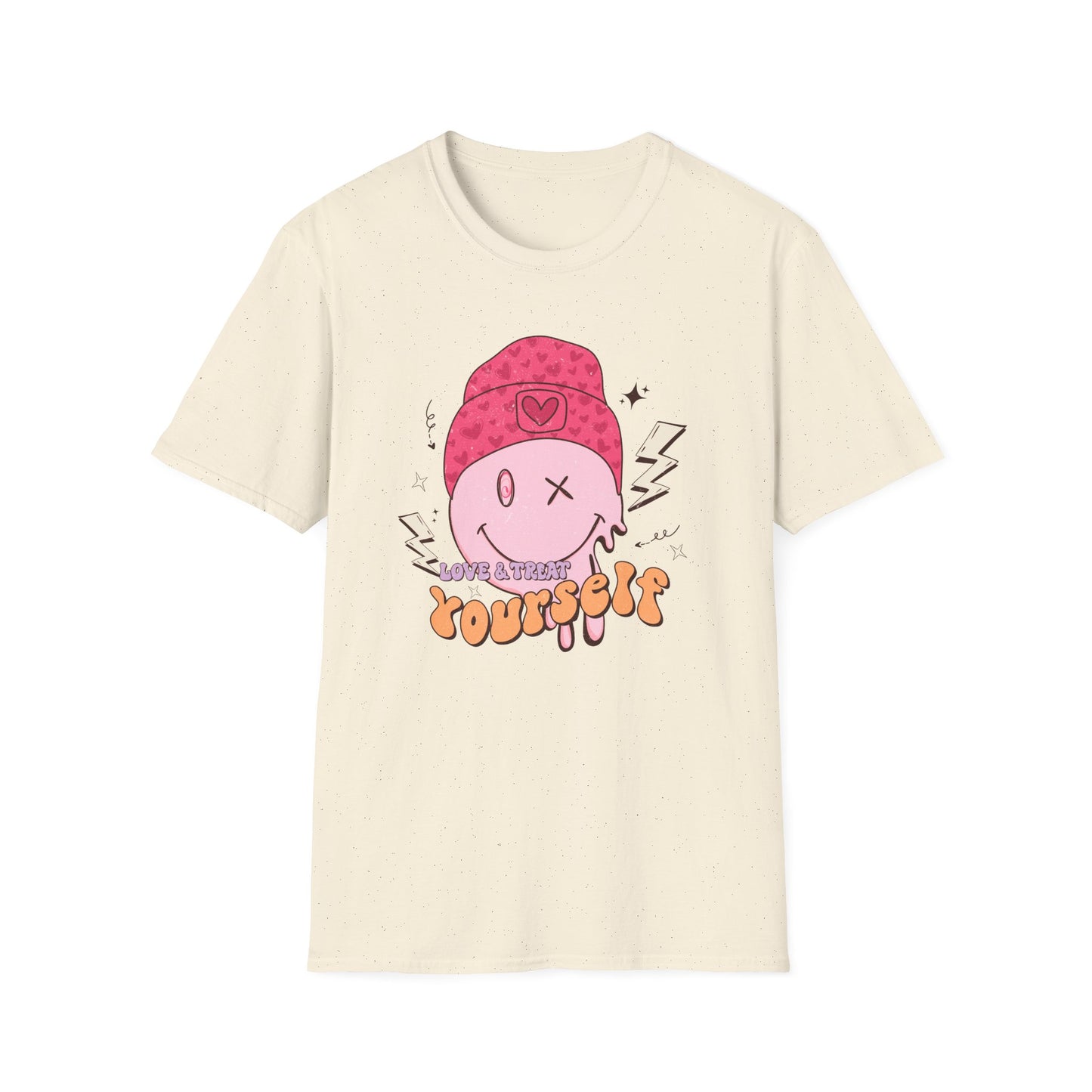 Trendy Groovy Melting Smiley T-Shirt - Empowering 'Love & Treat Yourself' Retro Self-Care Tee for Women