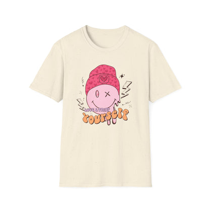 Trendy Groovy Melting Smiley T-Shirt - Empowering 'Love & Treat Yourself' Retro Self-Care Tee for Women