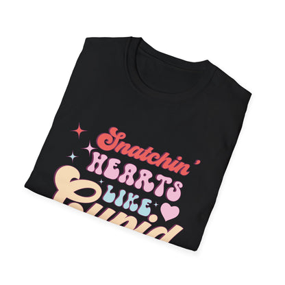 Snatchin' Hearts Like Cupid Groovy T-Shirt | Trendy Retro Valentine's Tee for Her | Playful Flirty Love & Romance Style