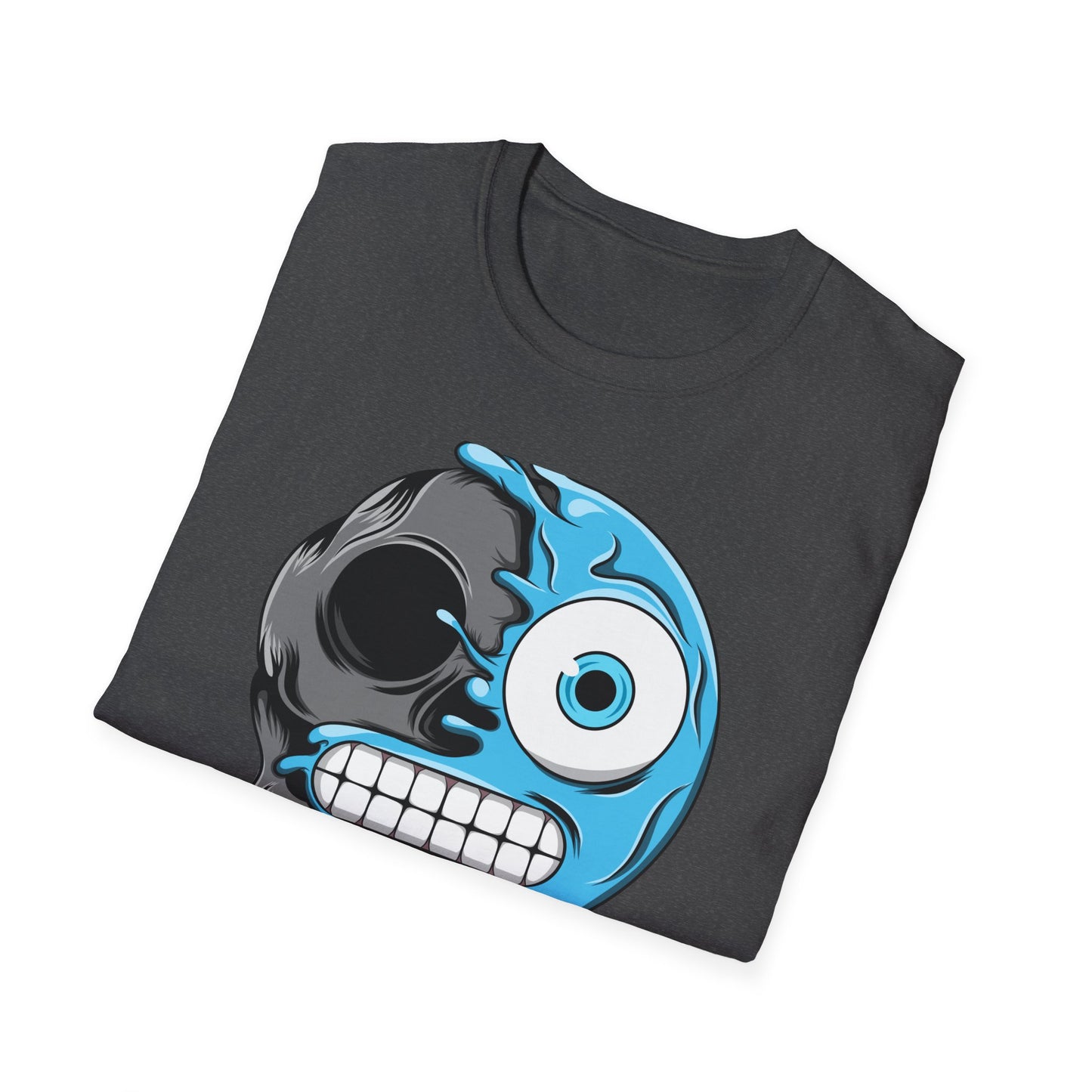 Epic Melting Skull & Blue Cartoon Split Face T-Shirt | Unique Edgy Graphic Tee for Streetwear & Art Lovers