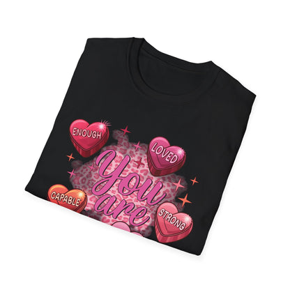 Vibrant 'You Are' Empowering T-Shirt | Self-Love Conversation Hearts & Leopard Print Tee for Women & Girls | Positive Affirmation Gift